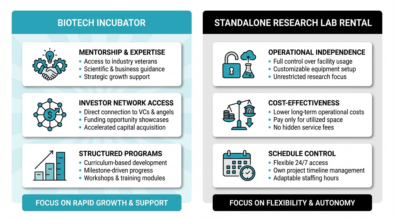 Comparison between biotech incubator and independent research lab rental options