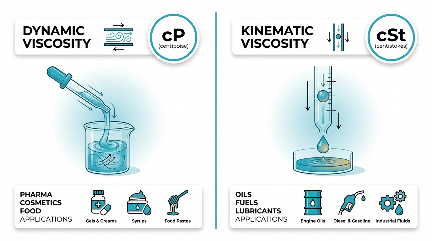 Dynamic viscosity versus kinematic viscosity comparison chart showing measurement differences and applications