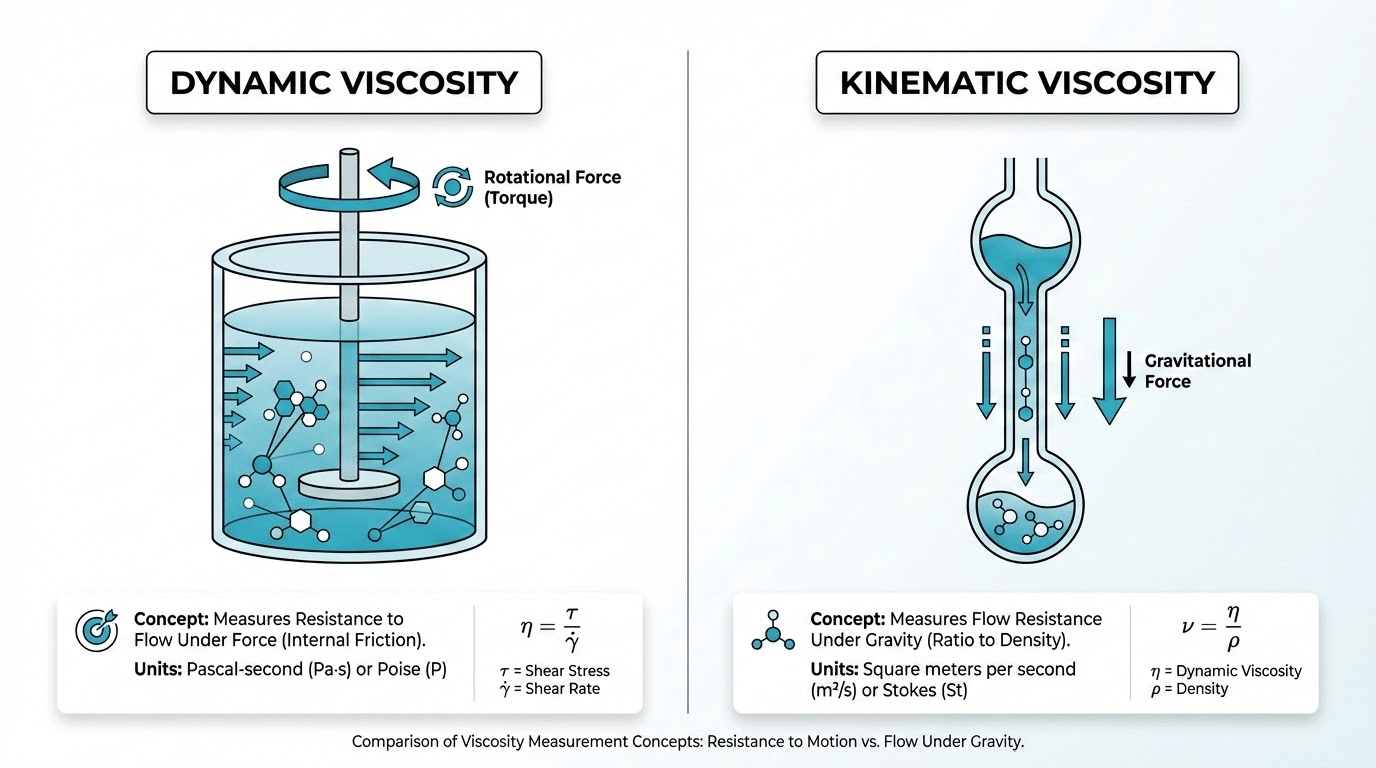 Dynamic viscosity vs kinematic viscosity comparison diagram showing measurement principles and applications
