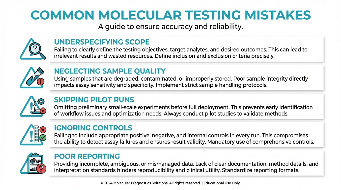 Common molecular testing mistakes infographic showing project pitfalls and prevention strategies