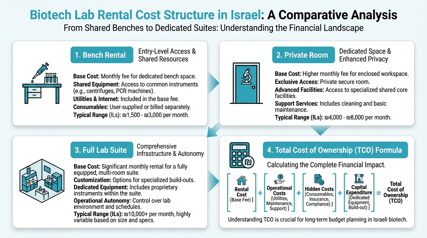Biotech lab rental costs breakdown showing bench, private room, and full suite options in Israel