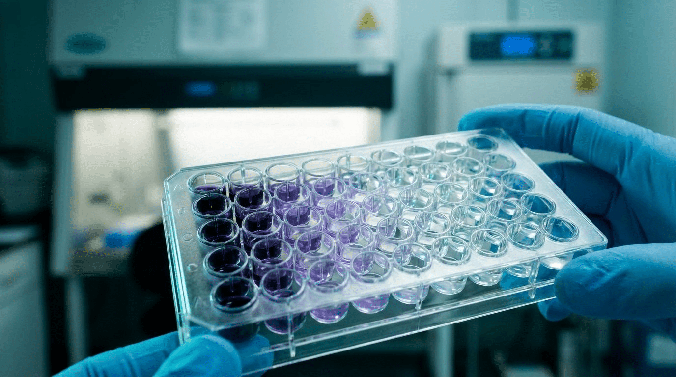 In vitro oncology assay workflow showing cell culture plates and analysis equipment