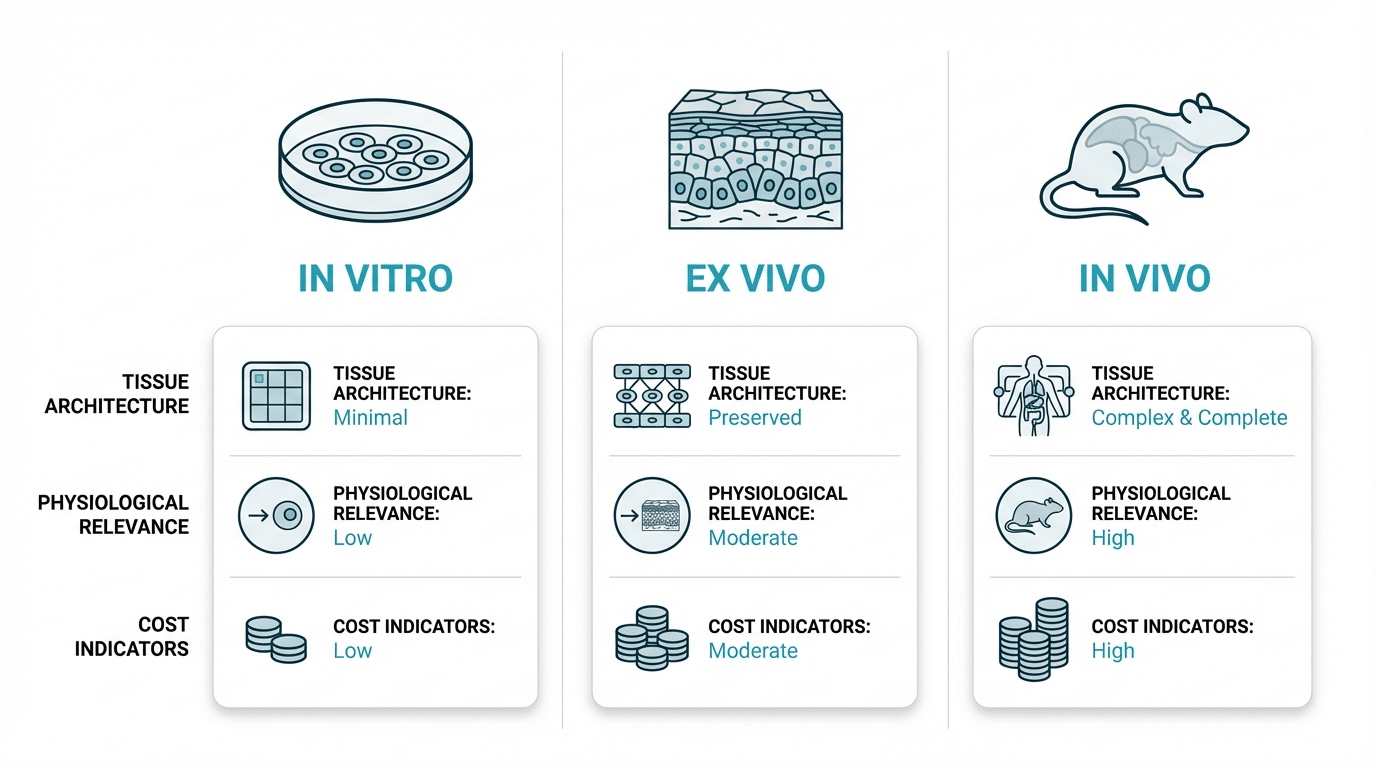 Comparison diagram showing in vitro, ex vivo, and in vivo model selection criteria for drug development