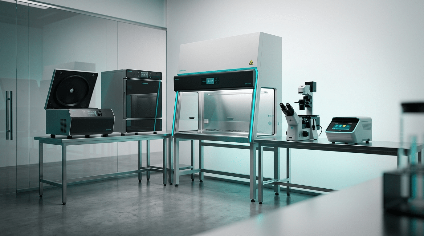 Essential shared laboratory equipment including biosafety cabinets, centrifuges, and microscopes