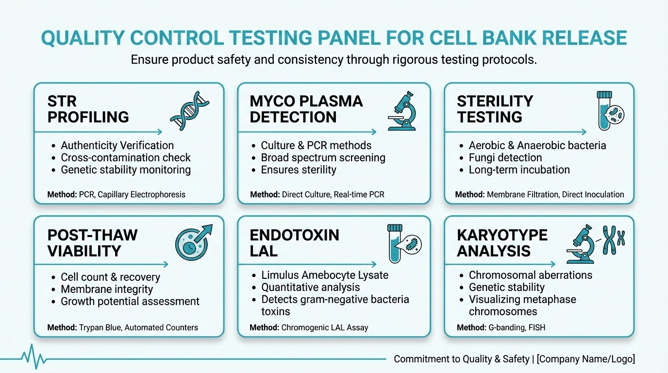 Quality control testing panel for cell bank release including STR profiling, mycoplasma detection, and sterility testing