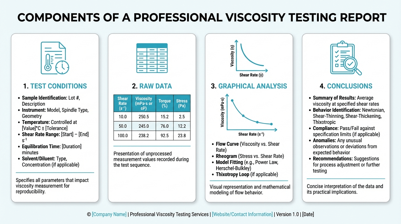 Sample viscosity testing report showing flow curves, data tables, and interpretation sections