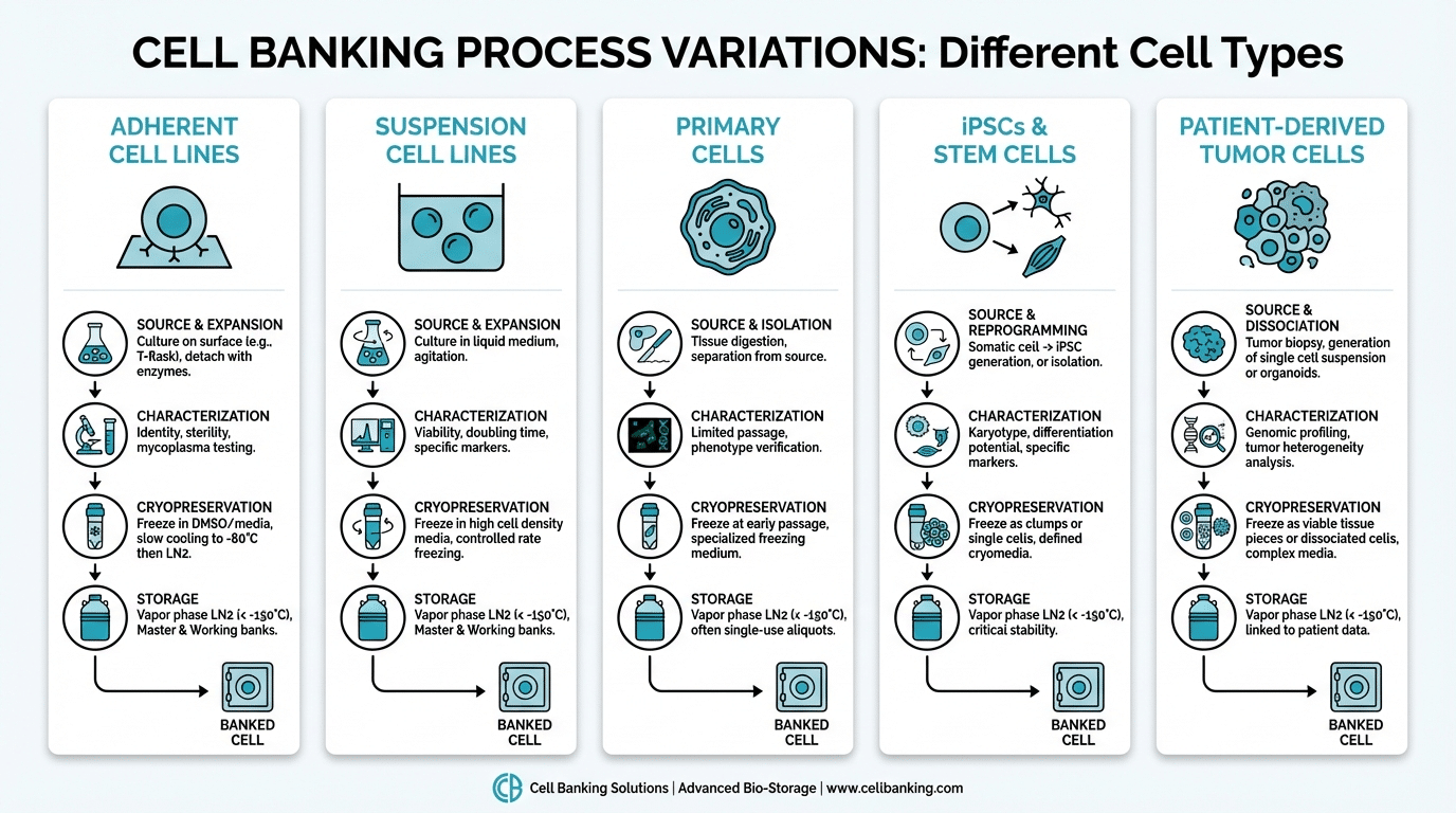 Various cell types suitable for banking including adherent cells, suspension cells, and stem cells