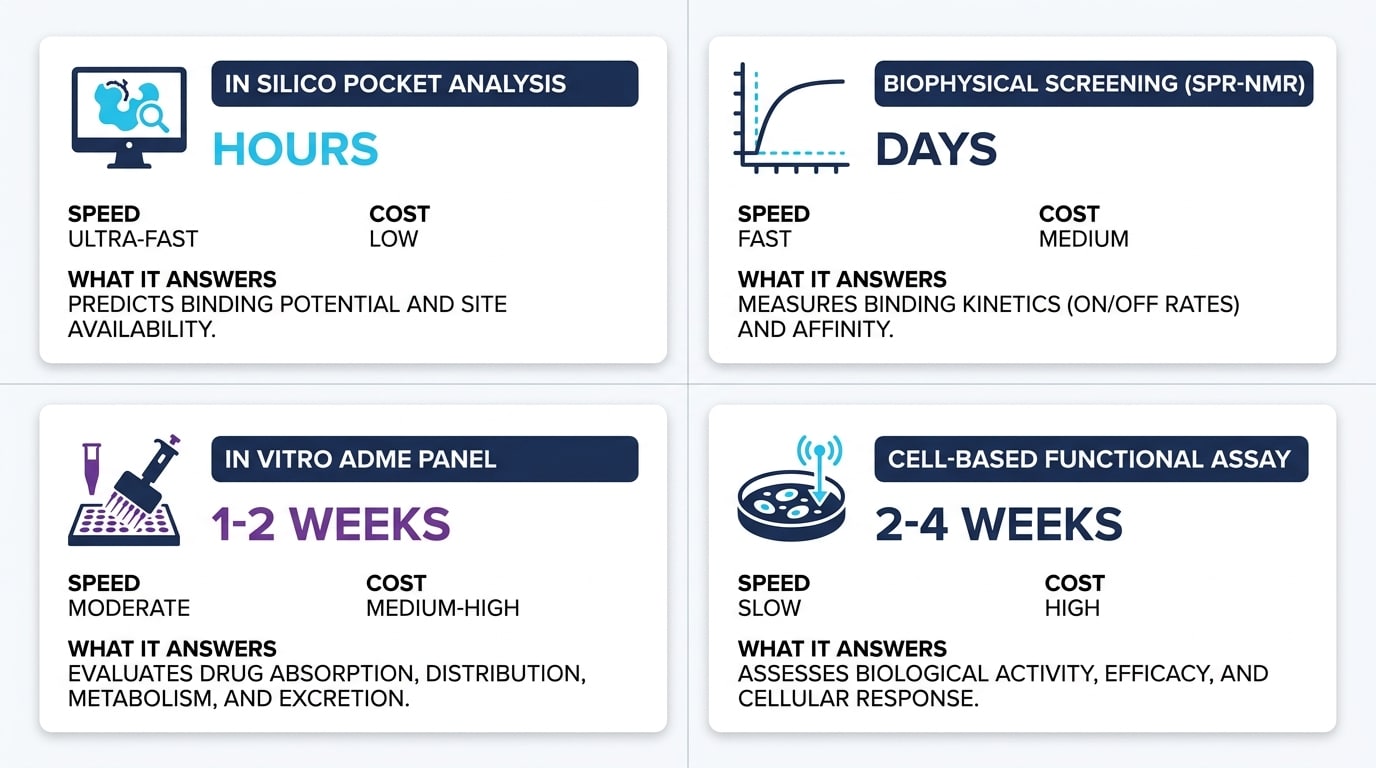 Comparison of in silico and in vitro druggability assessment approaches