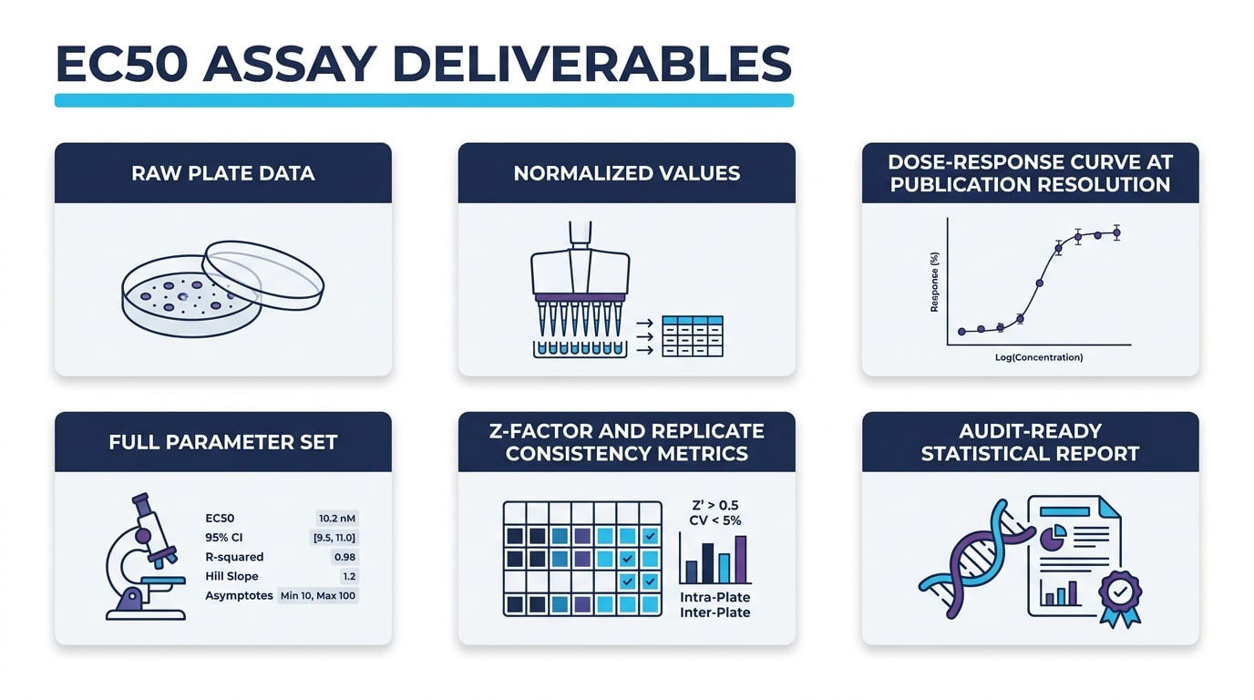 Professional EC50 determination assay deliverables from Da-Ta Biotech — full statistical reporting package