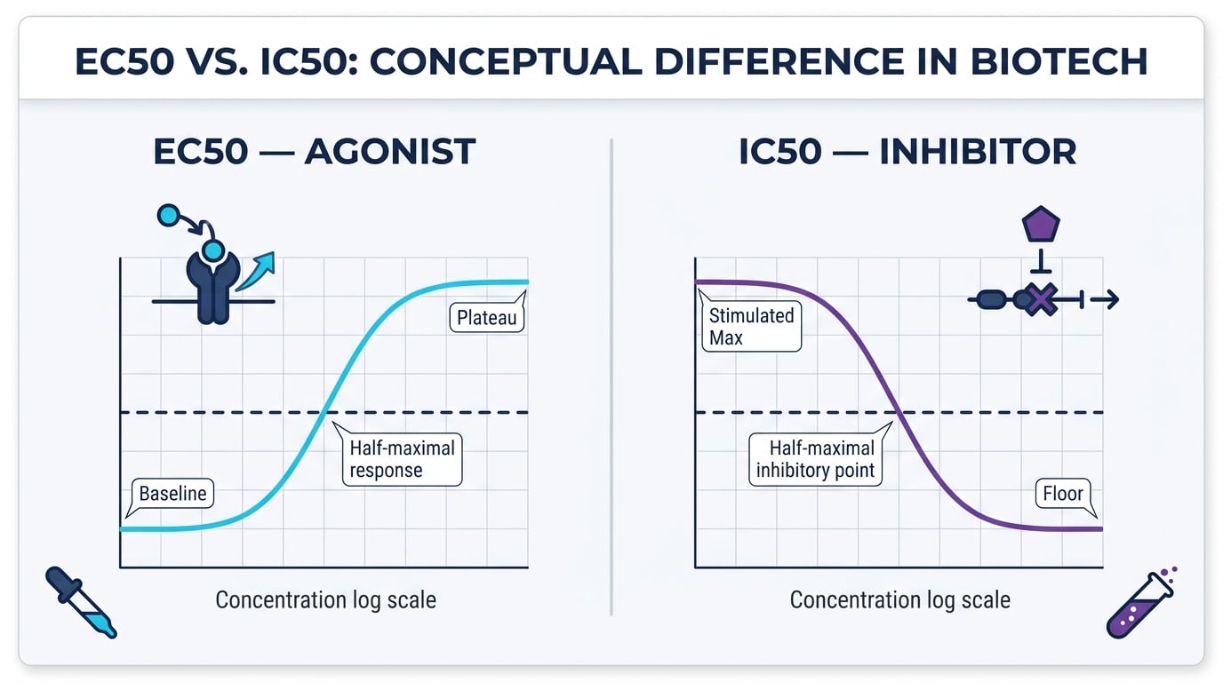 Difference between EC50 and IC50 testing — agonist vs inhibitor dose-response curves